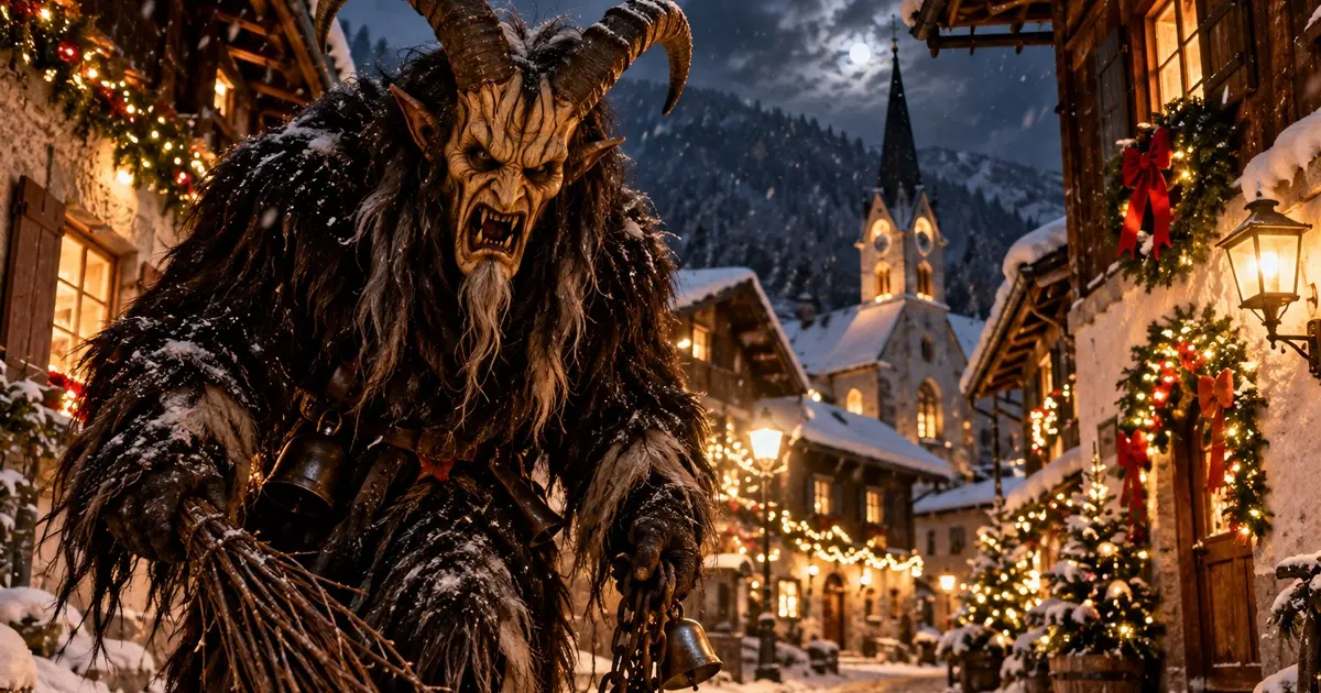 History of Krampusnacht featuring the horned Krampus, a frightening figure from Alpine Christmas folklore associated with December 5 traditions.