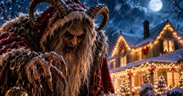 Krampus (2015) Movie Review hero featuring the terrifying horned Christmas demon with sharp claws outside a snow-covered home glowing with holiday lights.