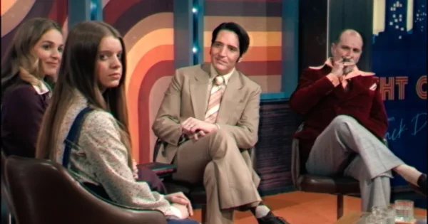 Late Night with the Devil Review featuring guests being interviewed during a mysterious 1970s late-night television broadcast