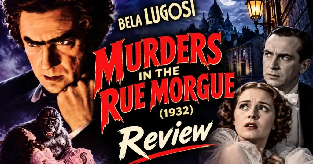 Murders in the Rue Morgue 1932 Review featuring Bela Lugosi as Dr. Mirakle, a menacing gorilla, and frightened characters against a dark Paris backdrop.