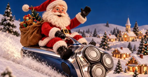 Norelco Santa Christmas Commercial inspired scene of Santa riding an electric razor through the snow