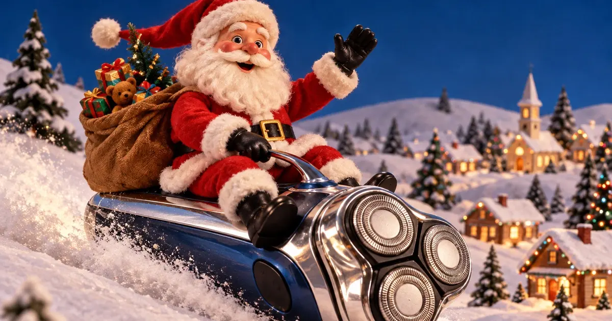 Norelco Santa Christmas Commercial inspired scene of Santa riding an electric razor through the snow