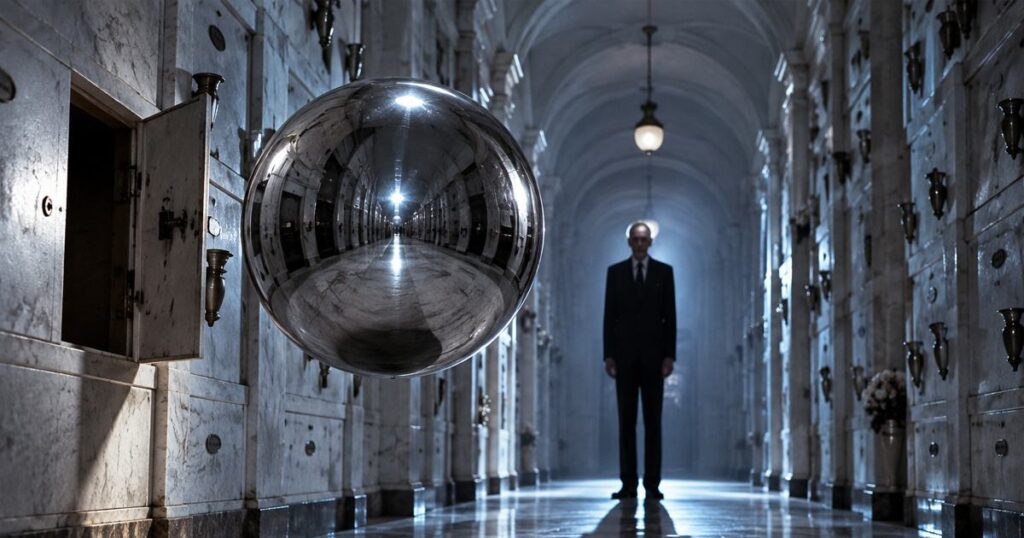 Phantasm 1979 Review featuring the mysterious silver sphere and the Tall Man inside an eerie mausoleum