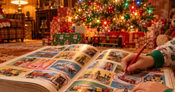 Sears Wish Book Christmas catalog inspired scene with children choosing toys for Christmas