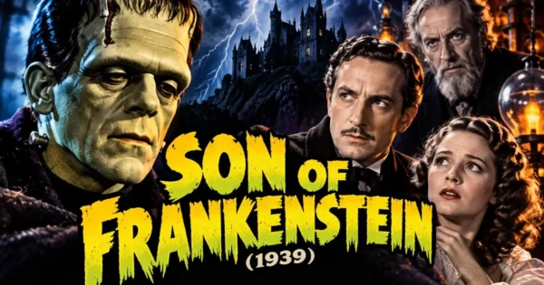 Son of Frankenstein Review (1939) hero image featuring Boris Karloff as Frankenstein's Monster, Basil Rathbone as Wolf Frankenstein, and a Gothic castle under a stormy sky.