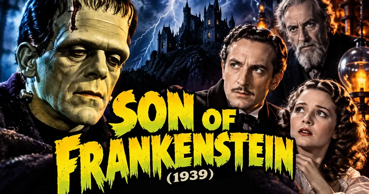 Son of Frankenstein Review (1939) hero image featuring Boris Karloff as Frankenstein's Monster, Basil Rathbone as Wolf Frankenstein, and a Gothic castle under a stormy sky.