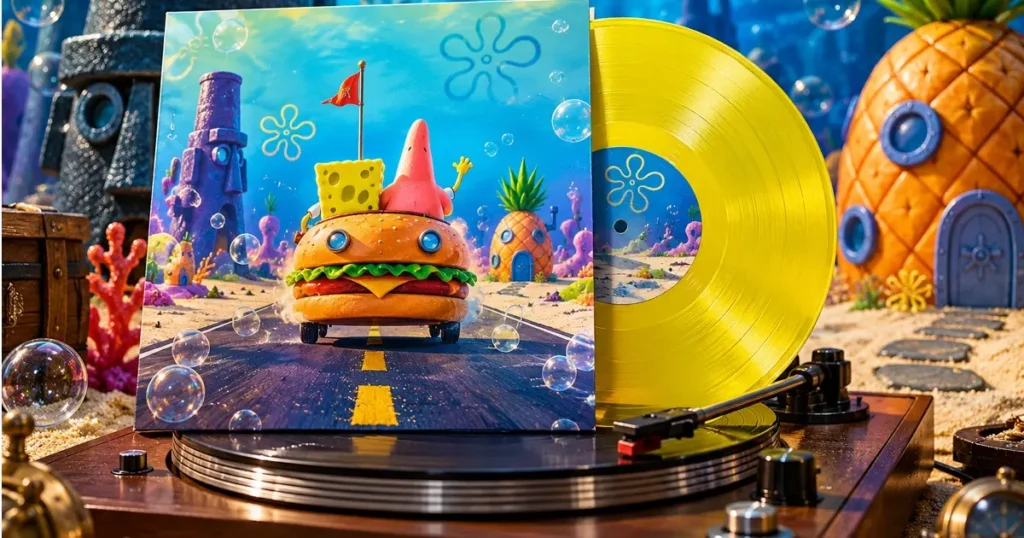 The SpongeBob Vinyl Review displayed on a turntable in a colorful underwater-inspired setting