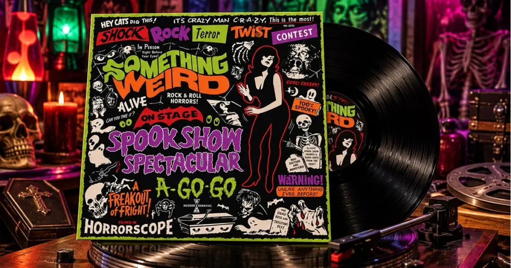 Spook Show Spectacular Review featuring the black vinyl LP and colorful vintage horror album cover displayed on a turntable.