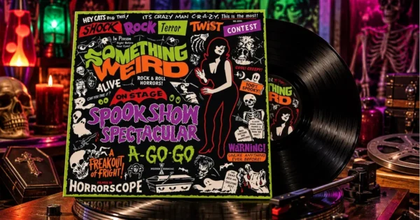 Spook Show Spectacular Review featuring the black vinyl LP and colorful vintage horror album cover displayed on a turntable.