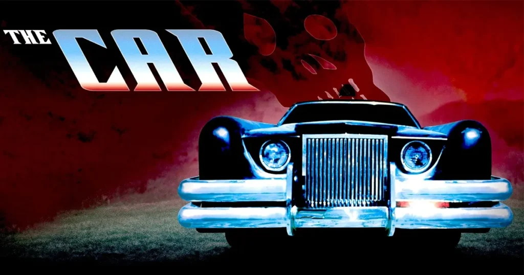The Car 1977 Review featuring a sinister black car racing down a lonely desert highway