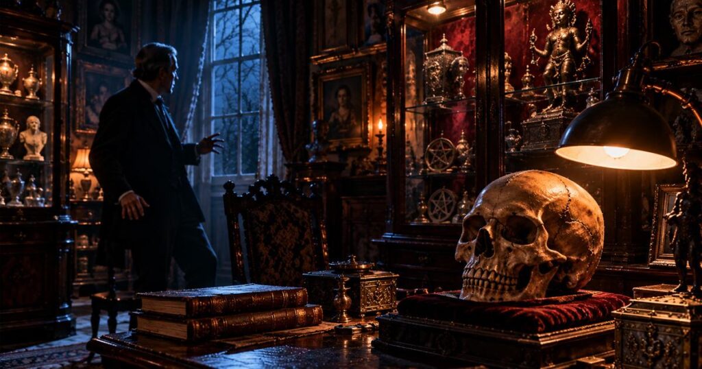 The Skull 1965 Review featuring a cursed skull inside an occult collector's study