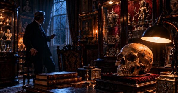 The Skull 1965 Review featuring a cursed skull inside an occult collector's study