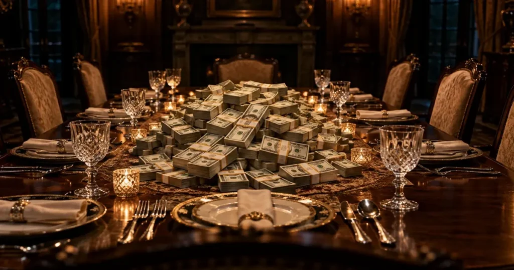 Would You Rather Review featuring an elegant dinner table covered with a huge pile of cash waiting for the deadly game to begin